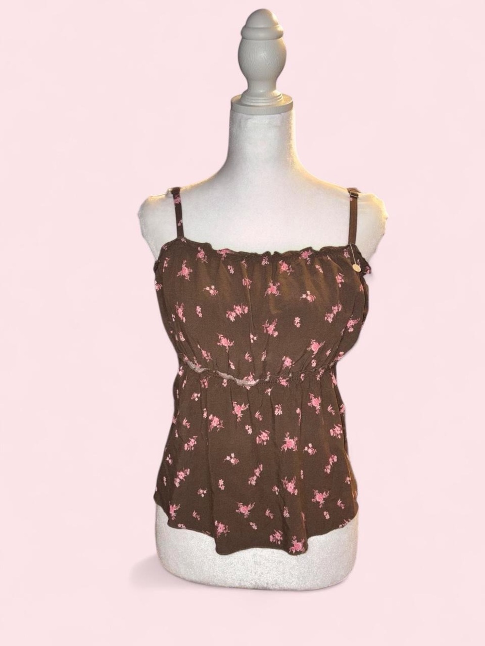 Brown Floral Spaghetti Strap Top - Pink Print